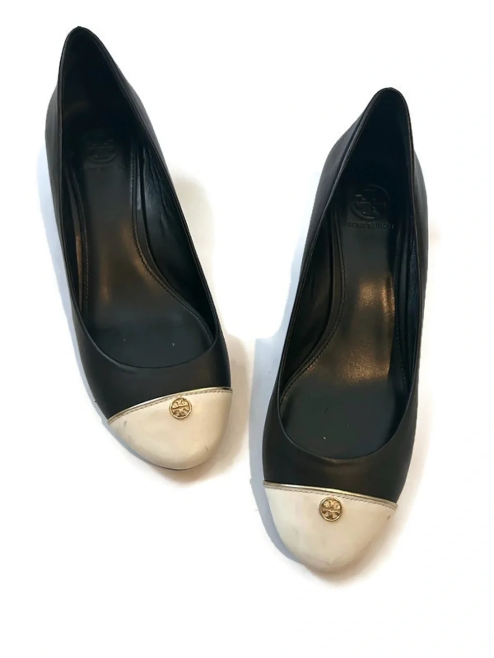 Tory Burch Leather Wedge Classic Black Shoe with Cream Cap Toe Gold Logo Accent